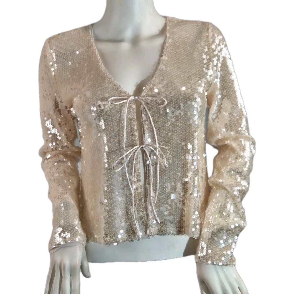 Gianni Bini Women's Size S Kate Sequin V Neck Long Sleeve Tie Front Cardigan